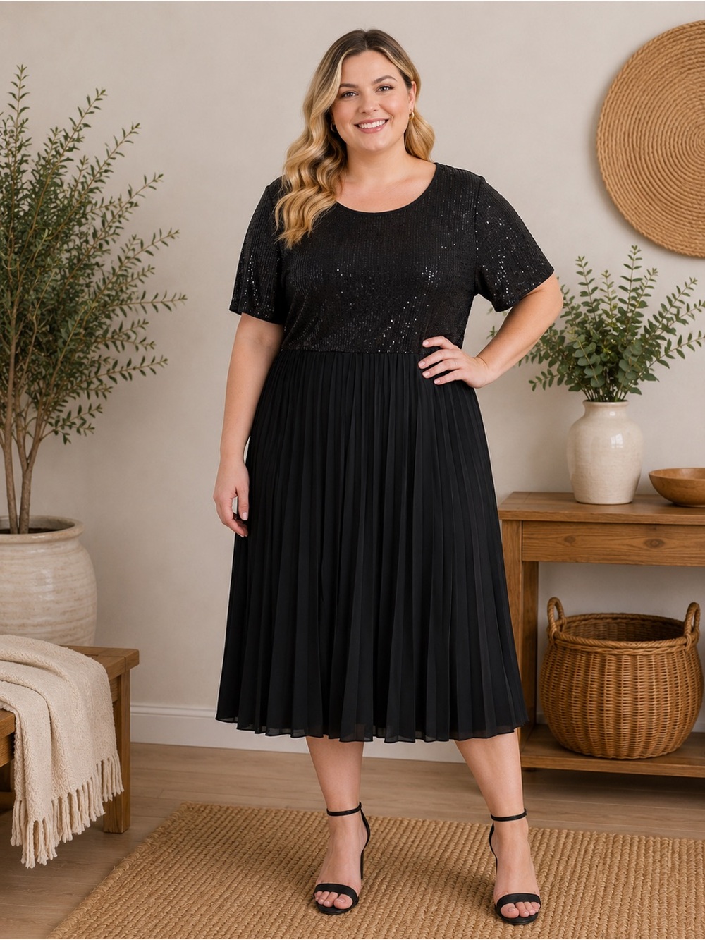 BloomChic Black Sequin & Pleated Midi Dress
